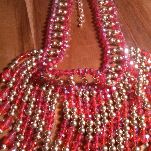 Red Glass and Beaded Waterfall Goldtone Necklace - Picture 9 of 16